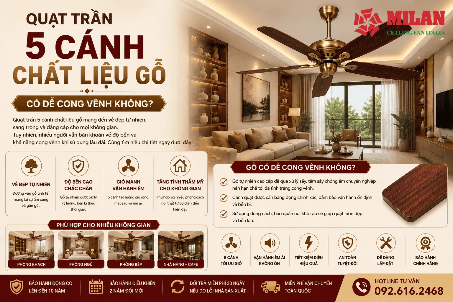 quạt trần 5 cánh chất liệu gỗ